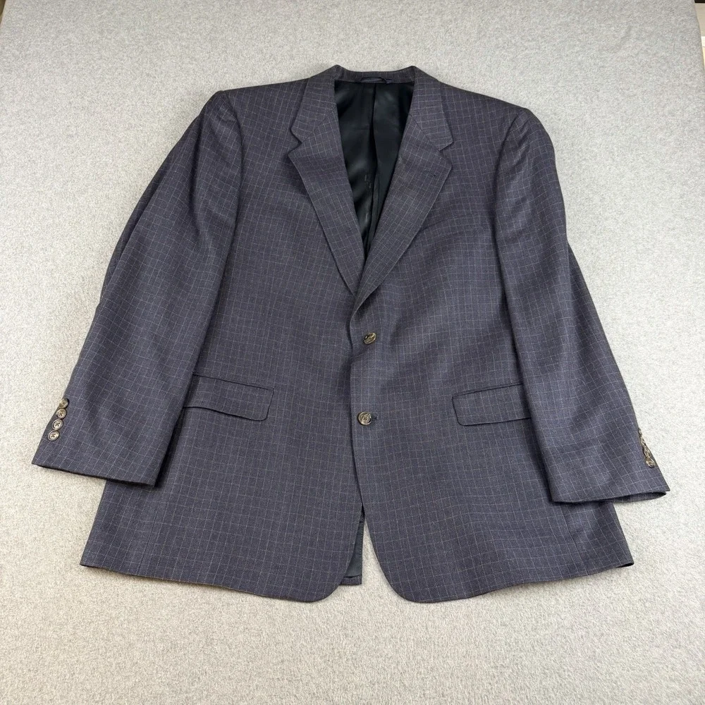 Vintage Burberry London Wool Windowpane Blazer Sport Coat 46R Mens Blue